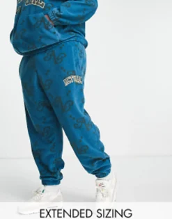 Tall*DESIGN Actual Co-Ord Relaxed Polar Fleece Joggers With All Over Print And Applique Logo In Blue