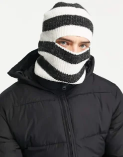 Scarves*ADPT Rib Knitted Balaclava In White Stripe Black