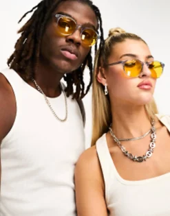 Sunglasses*AJ Morgan Grad School Retro Round Sunglasses In With Amber Lens Grey