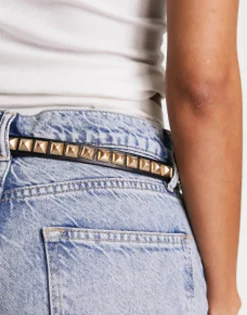 Belts*AllSaints 18Mm Leather Stud Belt In Black Black/Warm Brass