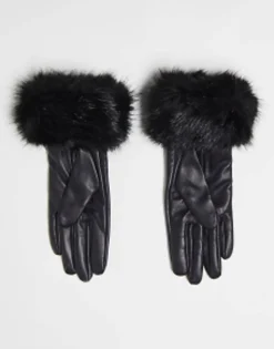 Gloves*Barbour Fur Trimmed Leather Gloves In Black