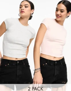 Multipacks*Bershka 2 Pack Ribbed Baby Tee In Light Pink Grey