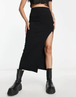 Skirts*Bershka Midi Skirt With Front Slit In Black