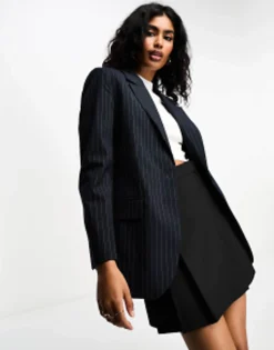 Suits & Tailoring*Bershka Oversized Mansy Blazer In Navy Pinstripe Grey