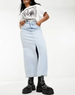 Skirts*Bershka Raw Hem Split Hem Denim Midi Skirt In Light Blue