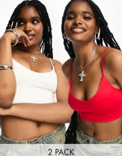 Multipacks*Bershka Slinky V-Neck Cami Top 2 Pack In Red & White Red And White