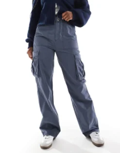 Trousers & Leggings*Bershka Straight Leg Cargo Trousers In Graphite Blue