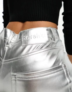 Trousers & Leggings*Bershka Straight Leg Faux Leather Trousers In Silver