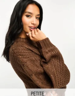 Petite*Brave Soul Petite Tokyo Oversized Cable Knit Jumper In Chocolate Brown