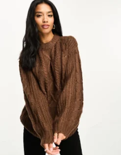 Petite*Brave Soul Petite Tokyo Oversized Cable Knit Jumper In Chocolate Brown