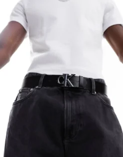 Belts*Calvin Klein Jeans Monogram Logo Round Plaque Leather Belt In Black