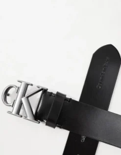 Belts*Calvin Klein Jeans Monogram Logo Round Plaque Leather Belt In Black