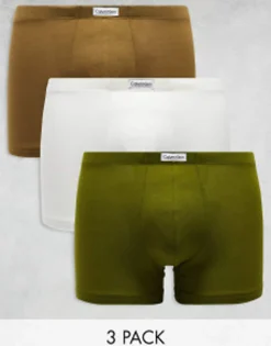Underwear*Calvin Klein Pure Cotton 3 Pack Stretch Trunks In Multi Brown/Green/White