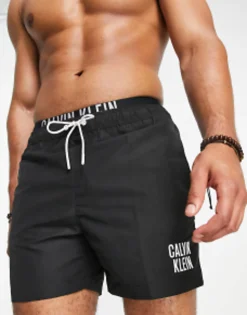 Swimwear*Calvin Klein Small Thigh Logo Swim Shorts In Black