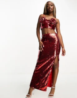Skirts*Collective The Label Exclusive Embellished Crop Top And Maxi Skirt Co-Ord In Red