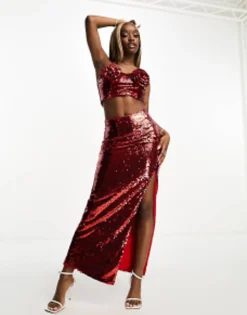Skirts*Collective The Label Exclusive Embellished Crop Top And Maxi Skirt Co-Ord In Red
