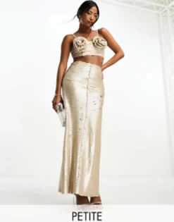 Petite*Collective The Label Petite Exclusive Embellished Maxi Skirt Co-Ord In Champagne Champagne Gold