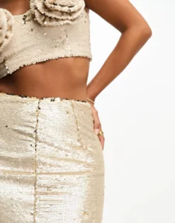 Petite*Collective The Label Petite Exclusive Embellished Maxi Skirt Co-Ord In Champagne Champagne Gold