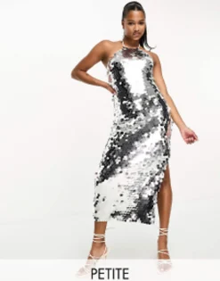 Petite*Collective The Label Petite Exclusive Disc Sequin Midi Dress In Silver