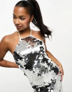 Petite*Collective The Label Petite Exclusive Disc Sequin Midi Dress In Silver