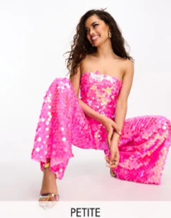 Petite*Collective The Label Petite Strapless Disc Sequin Jumpsuit In Pink Bright Pink