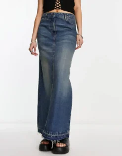 Skirts*Collusion Long Maxi Denim Skirt In Blue Dirty Wash Mid Blue