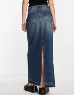 Skirts*Collusion Long Maxi Denim Skirt In Blue Dirty Wash Mid Blue