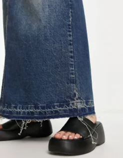 Skirts*Collusion Long Maxi Denim Skirt In Blue Dirty Wash Mid Blue