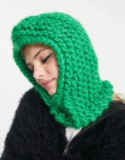 Scarves*Collusion Unisex Chunky Crochet Knit Balaclava In Green Dark Green