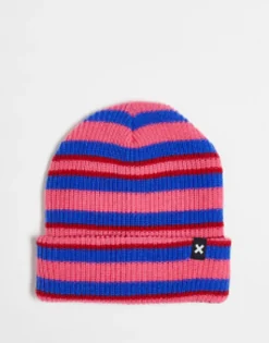 Beanies*Collusion Unisex Stripe Logo Beanie In Pink And Blue Multi