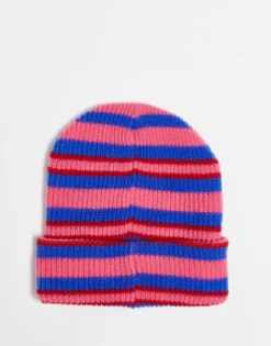Beanies*Collusion Unisex Stripe Logo Beanie In Pink And Blue Multi