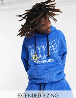 Tall*Crooked Tongues Co-Ord In Teddy Borg With Logo And Character Embroidery In Blue