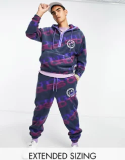 Tall*Crooked Tongues Co-Ord With All Over Logo Print Polar Fleece In Blue