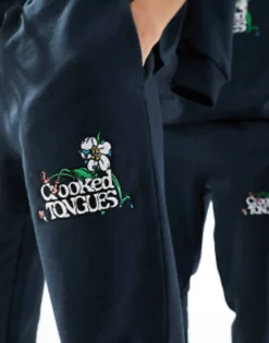 Tracksuits & Joggers*Crooked Tongues Unisex Co-Ord Oversized Joggers In Black With Embroidery Moonless Night