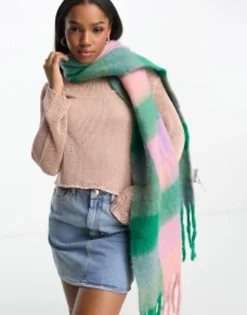 Scarves*Daisy Street Check Blanket Scarf In And Purple Check Green