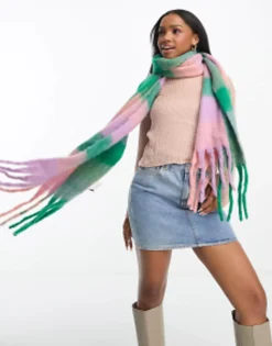 Scarves*Daisy Street Check Blanket Scarf In And Purple Check Green