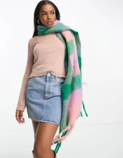 Scarves*Daisy Street Check Blanket Scarf In And Purple Check Green
