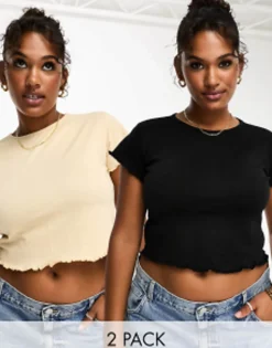 Multipacks*Daisy Street Plus Lettuce Hem Baby Tee 2 Pack Black & Sand