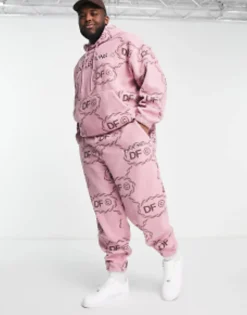 Tall*DESIGN Dark Future Co-Ord Relaxed Joggers In Teddy Borg With All Over Monogram Logo Print And Embroidery In Pink Light Pink