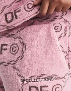 Tall*DESIGN Dark Future Co-Ord Relaxed Joggers In Teddy Borg With All Over Monogram Logo Print And Embroidery In Pink Light Pink