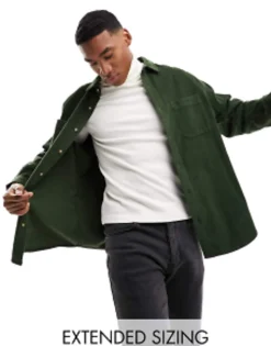 Tall*DESIGN 90 Oversized Raglan Sleeve Cord Shirt In Dark Green