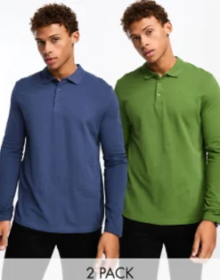 Polo Shirts*DESIGN 2 Pack Long Sleeve Pique Polo In Green And Navy Multi