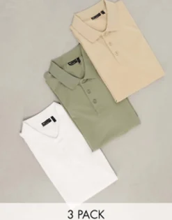 Polo Shirts*DESIGN 3 Pack Muscle Fit Polo In Khaki, White And Beige Multi
