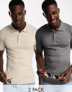 Polo Shirts*DESIGN 2 Pack Muscle Fit Polo In Stone And Grey Multi