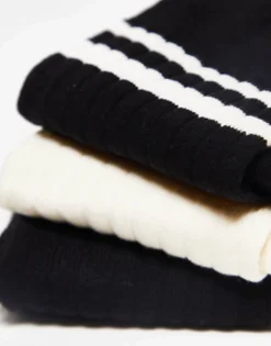 Socks*DESIGN 3 Pack Ribbed Stripe Ankle Socks In And Ecru Black