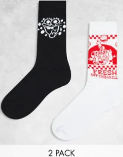 Socks*DESIGN 2 Pack Sports Socks In Black And White With Spongebob Multi