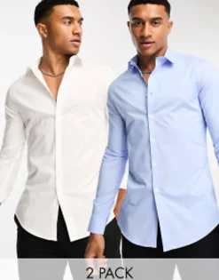 Tall*DESIGN 2 Pack Stretch Slim Fit Work Shirt In Save White / Blue