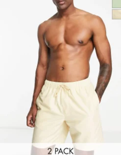 Swimwear*DESIGN 2 Pack Swim Shorts In Mid Length In Light Green/Beige Save Swamp Green/Beige
