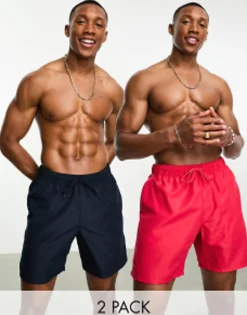 Swimwear*DESIGN 2 Pack Swim Shorts In Mid Length In Save Navy/Red