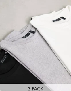 Tall*DESIGN 3 Pack T-Shirt With Crew Neck In White, Grey Marl And Black Multi